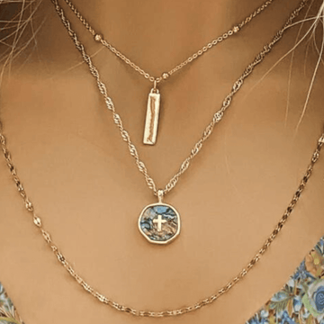 Gold Abalone Cross Bar/Dragonfly Layered Necklace Set