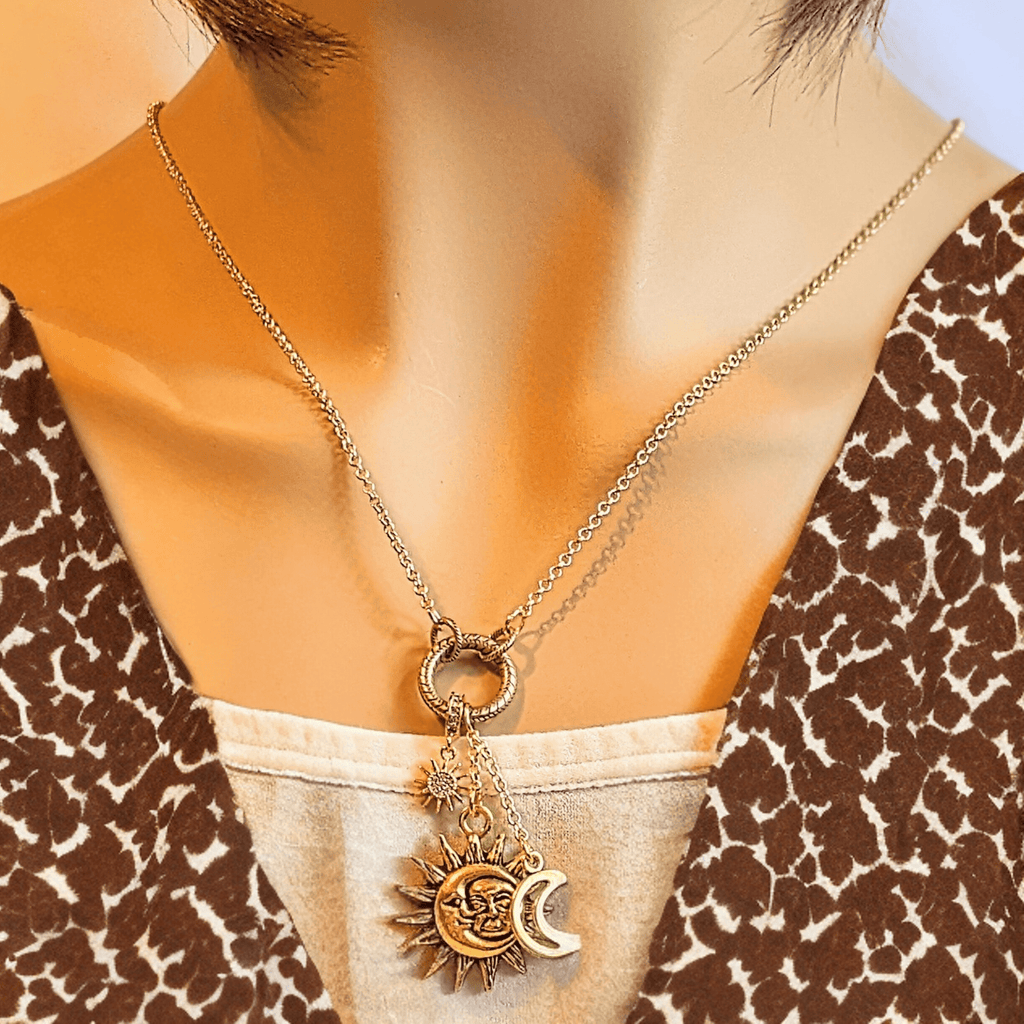 Gold Celestial Sun Moon Charm Keeper Necklace, 18 - 24 inches