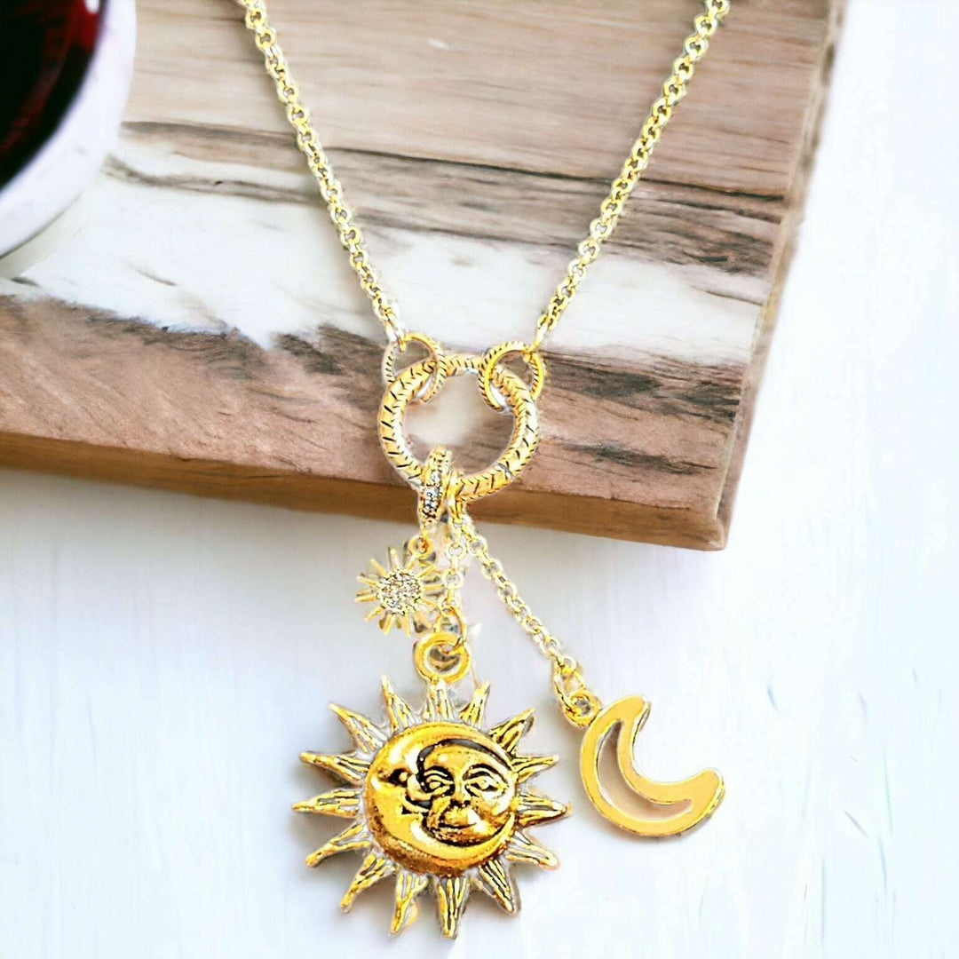 Gold Celestial Sun Moon Charm Keeper Necklace, 18 - 24 inches