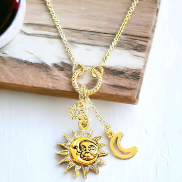 Gold Celestial Sun Moon Charm Keeper Necklace, 18 - 24 inches