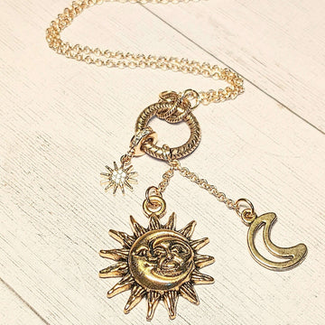 Gold Celestial Sun Moon Charm Keeper Necklace, 18 - 24 inches