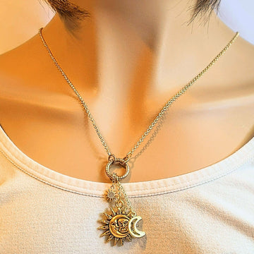 Gold Celestial Sun Moon Charm Keeper Necklace, 18 - 24 inches