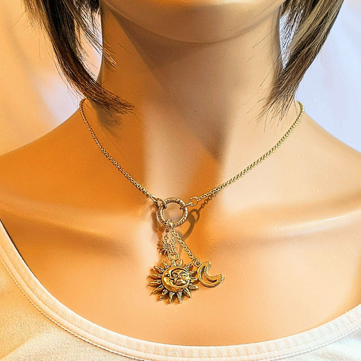Gold Celestial Sun Moon Charm Keeper Necklace, 18 - 24 inches
