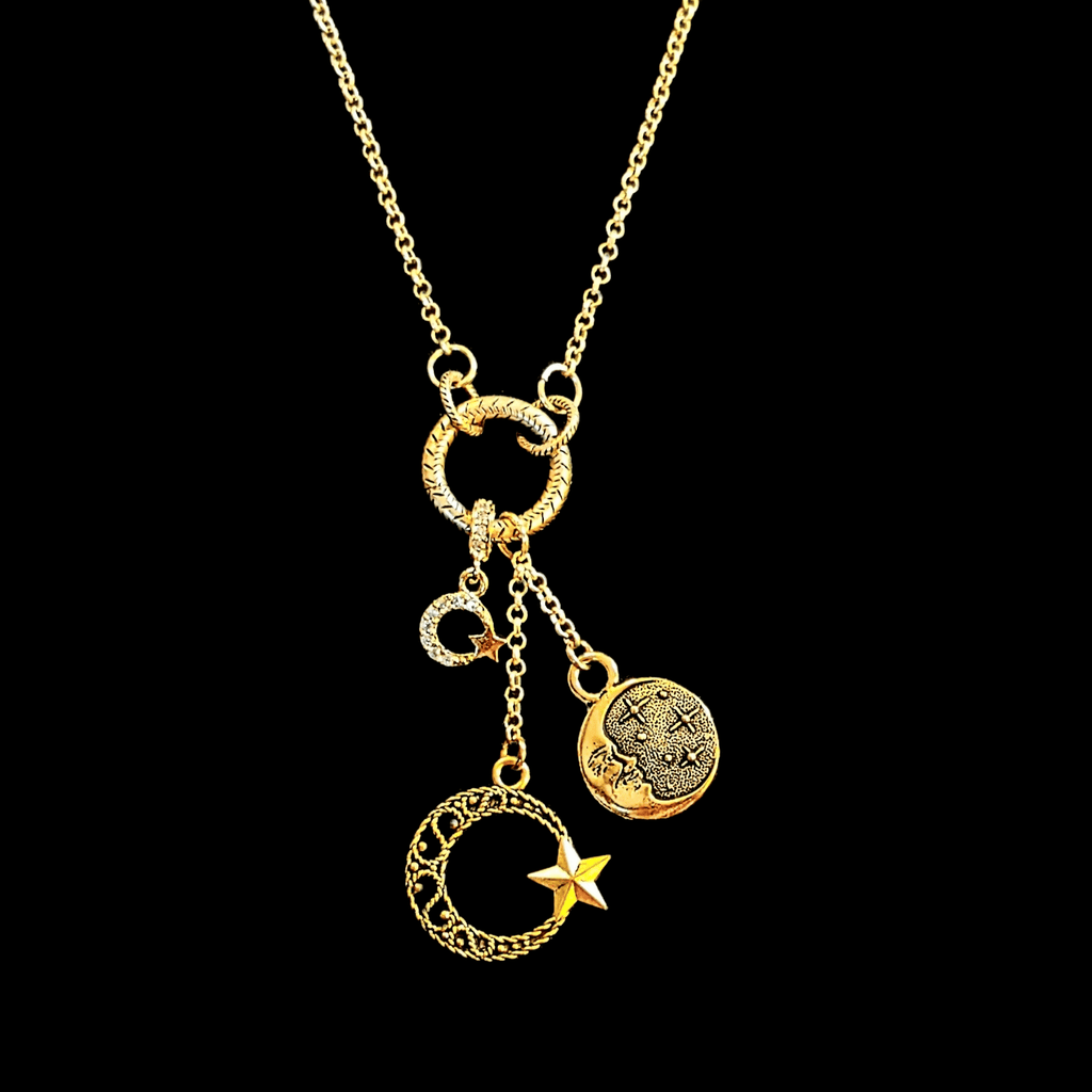 Gold Crescent Moon Star Charm Keeper Necklace, 18 - 24 inches