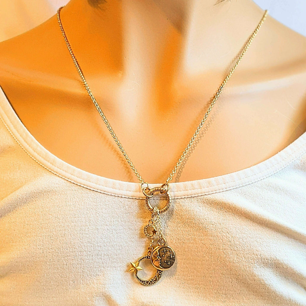 Gold Crescent Moon Star Charm Keeper Necklace, 18 - 24 inches