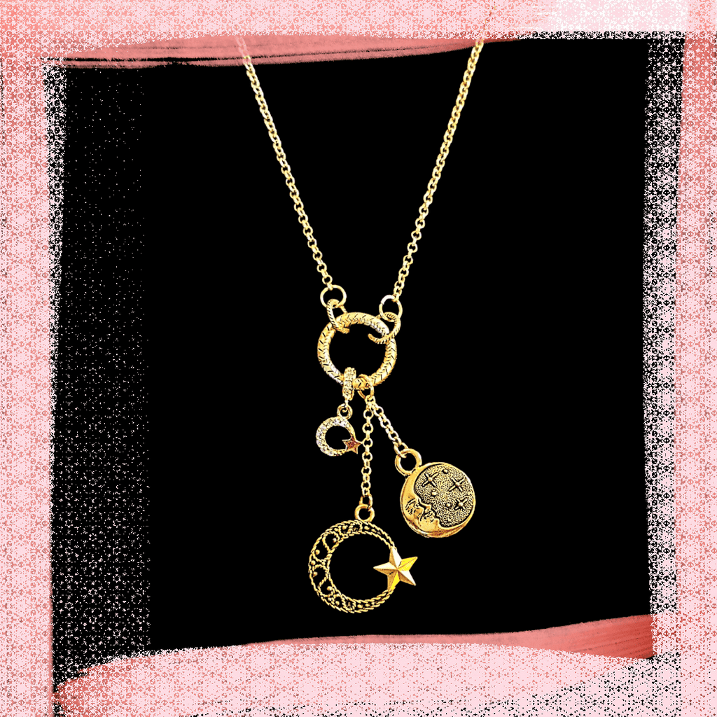 Gold Crescent Moon Star Charm Keeper Necklace, 18 - 24 inches