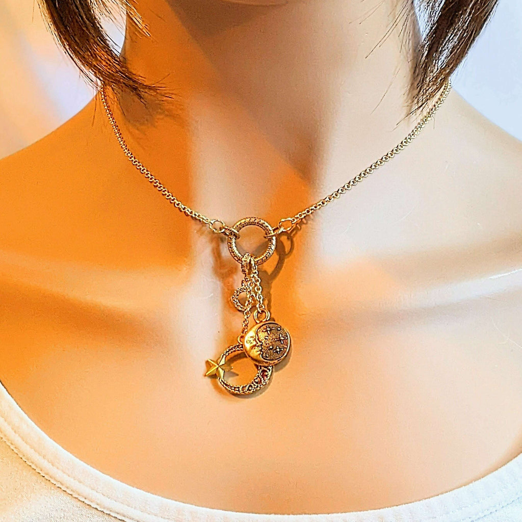 Gold Crescent Moon Star Charm Keeper Necklace, 18 - 24 inches