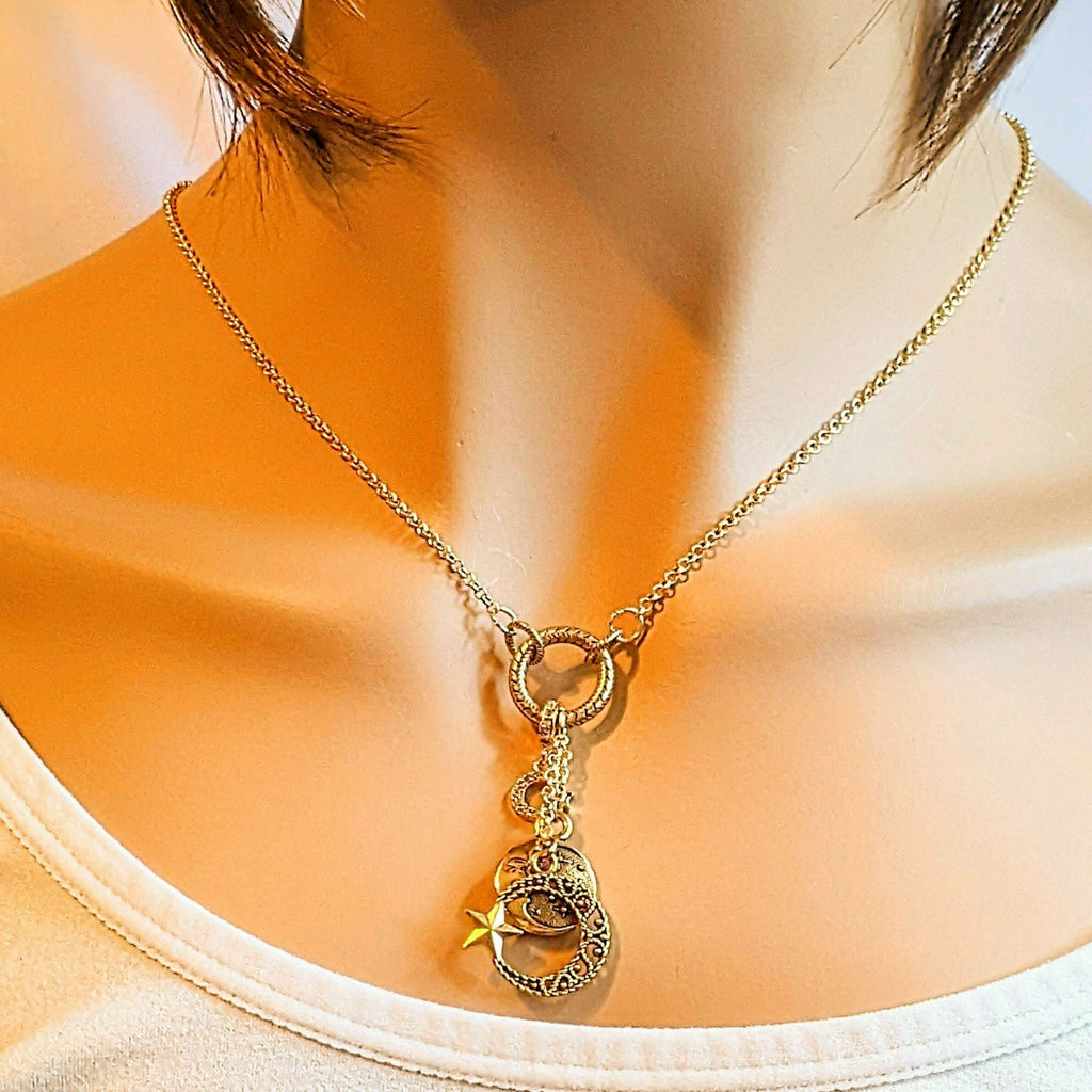 Gold Crescent Moon Star Charm Keeper Necklace, 18 - 24 inches