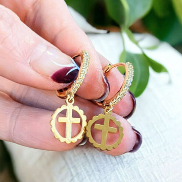 Gold Cross Circle CZ Hoop earrings, 18mm Hoop Drop