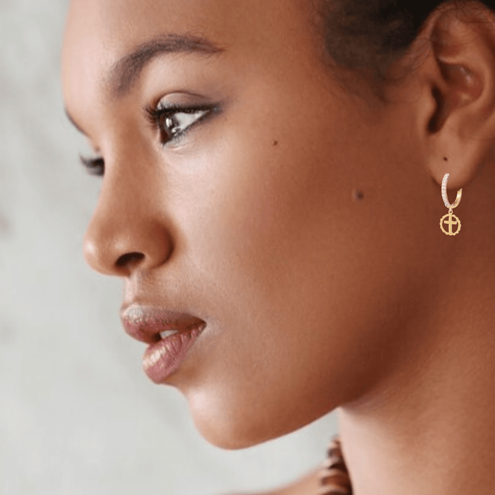 Gold Cross Circle CZ Hoop earrings, 18mm Hoop Drop