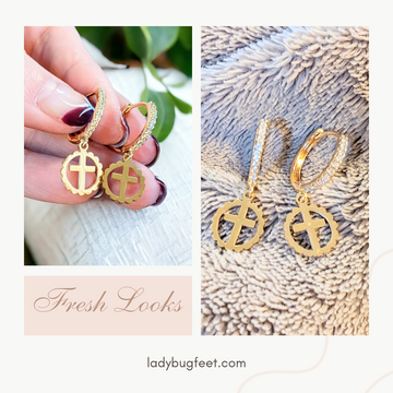 Gold Cross Circle CZ Hoop earrings, 18mm Hoop Drop