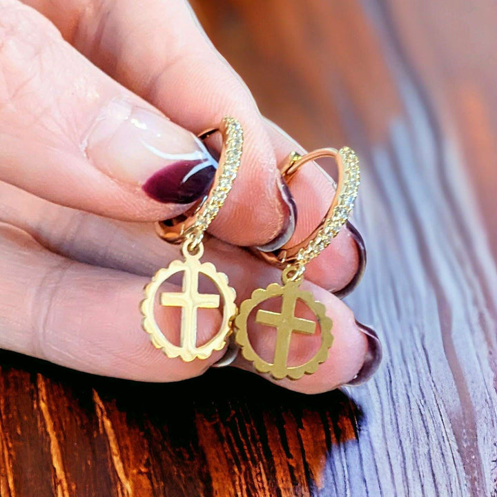 Gold Cross Circle CZ Hoop earrings, 18mm Hoop Drop