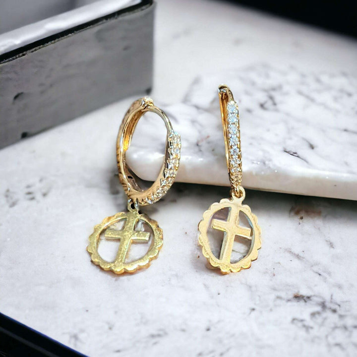 Gold Cross Circle CZ Hoop earrings, 18mm Hoop Drop