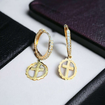 Gold Cross Circle CZ Hoop earrings, 18mm Hoop Drop