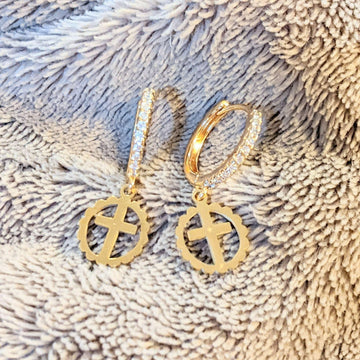Gold Cross Circle CZ Hoop earrings, 18mm Hoop Drop