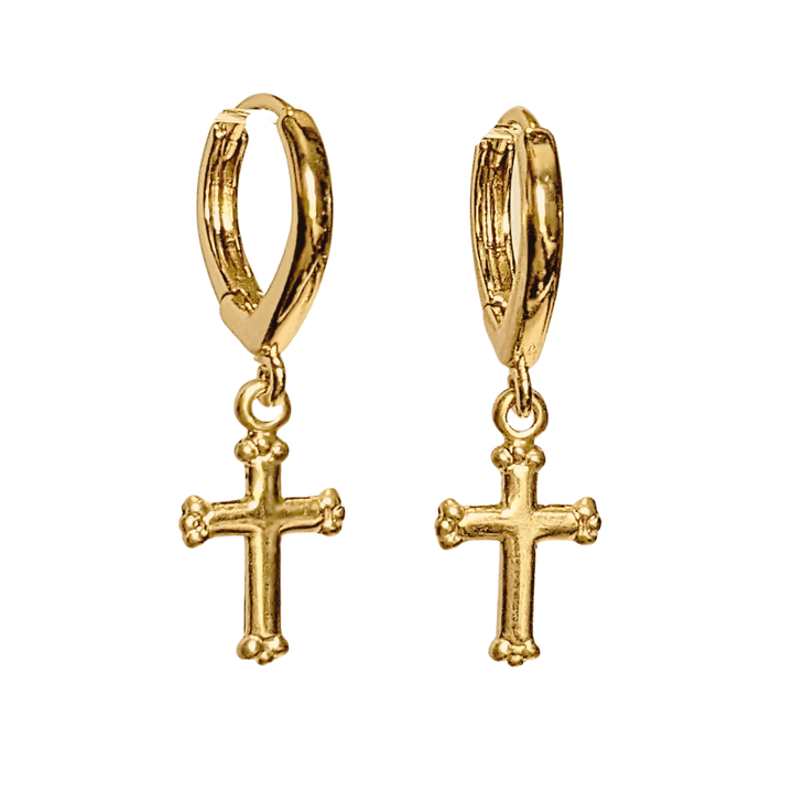 Gold Cross Huggie Hoop earrings, 15mm Hoop Drop