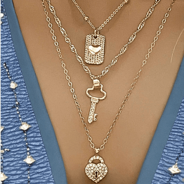 Gold CZ Key to my Heart Layered Necklace Set