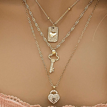 Gold CZ Key to my Heart Layered Necklace Set