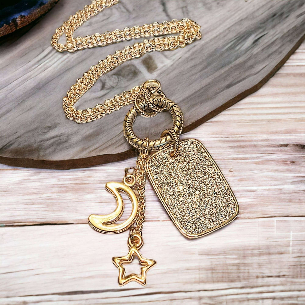 Gold CZ Tag Moon Star Charm Keeper Necklace, 18 - 24 inches
