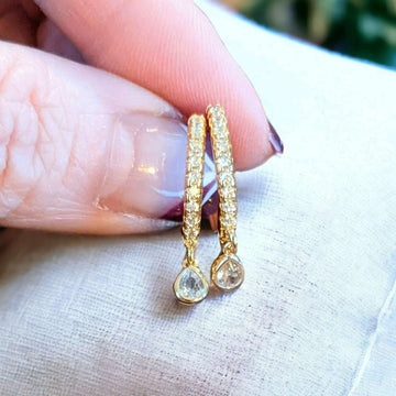 Gold CZ Teardrop Hoop earrings, 18mm Hoop Drop