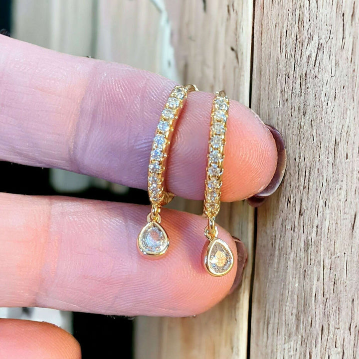Gold CZ Teardrop Hoop earrings, 18mm Hoop Drop