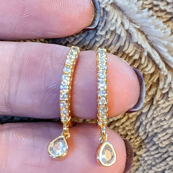 Gold CZ Teardrop Hoop earrings, 18mm Hoop Drop