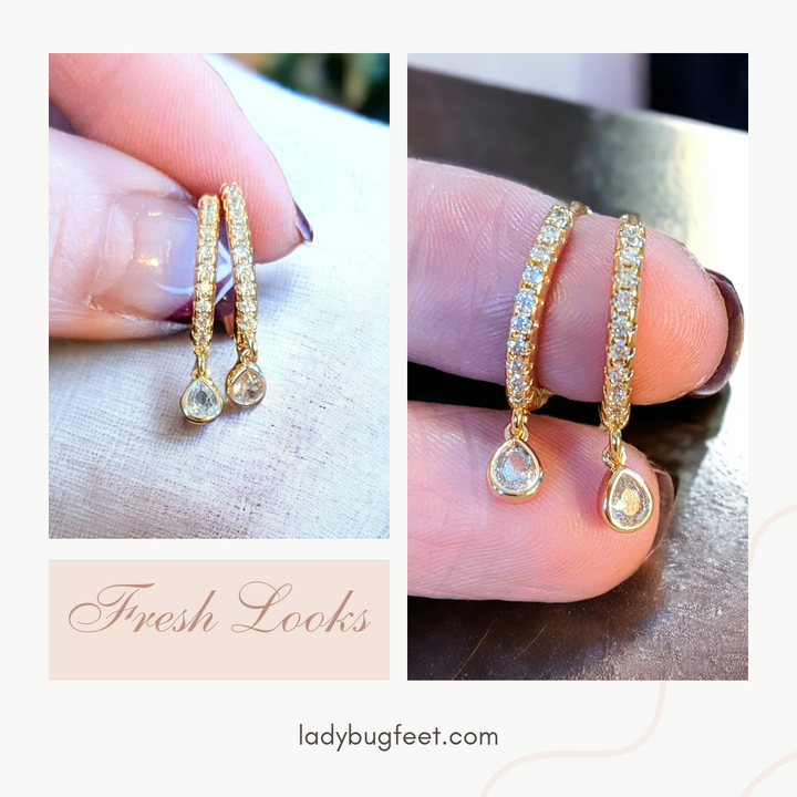 Gold CZ Teardrop Hoop earrings, 18mm Hoop Drop