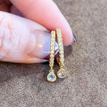 Gold CZ Teardrop Hoop earrings, 18mm Hoop Drop