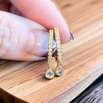 Gold CZ Teardrop Hoop earrings, 18mm Hoop Drop