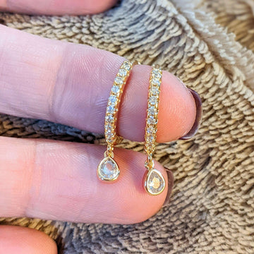 Gold CZ Teardrop Hoop earrings, 18mm Hoop Drop
