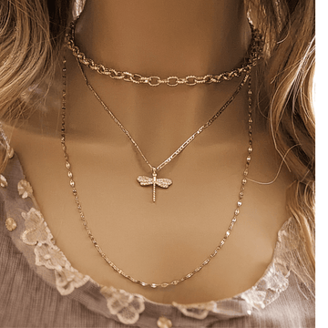 Gold Dragonfly Layered Necklace Set
