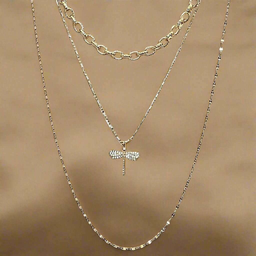 Gold Dragonfly Layered Necklace Set