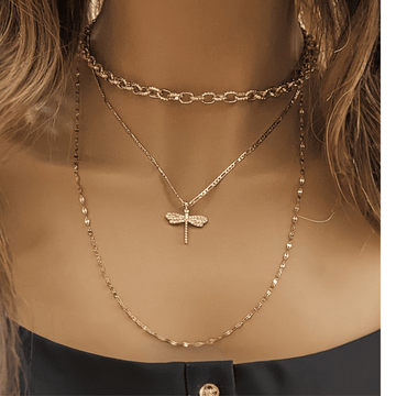 Gold Dragonfly Layered Necklace Set