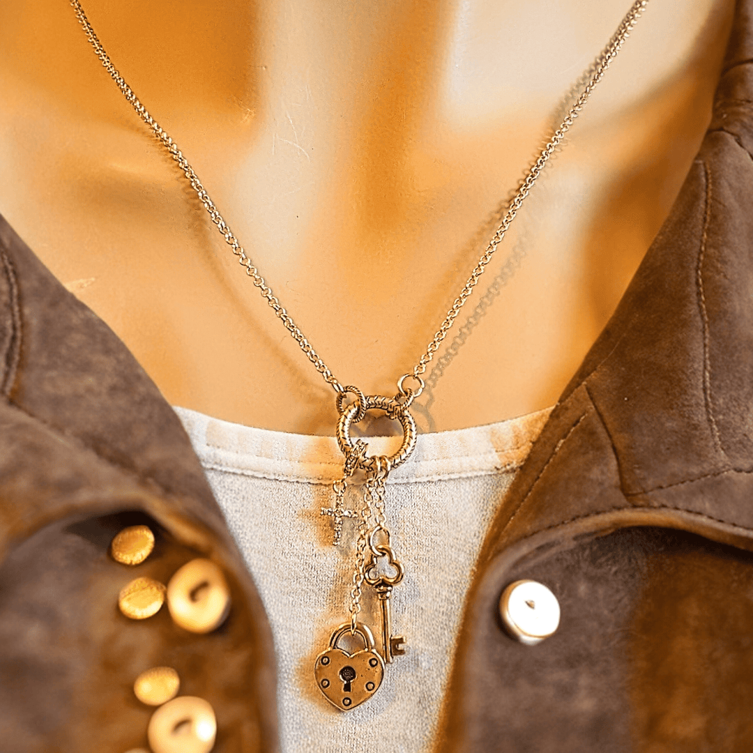 Heart Lock and Key Charm Keeper Necklace, Gold - 18 - 24 inches