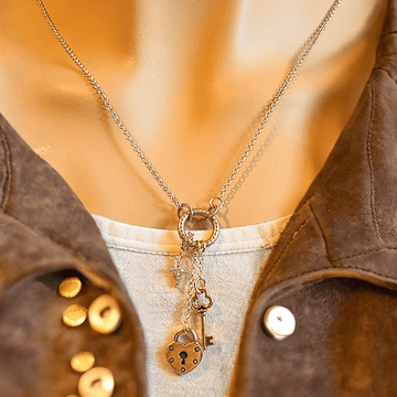 Heart Lock and Key Charm Keeper Necklace, Gold - 18 - 24 inches