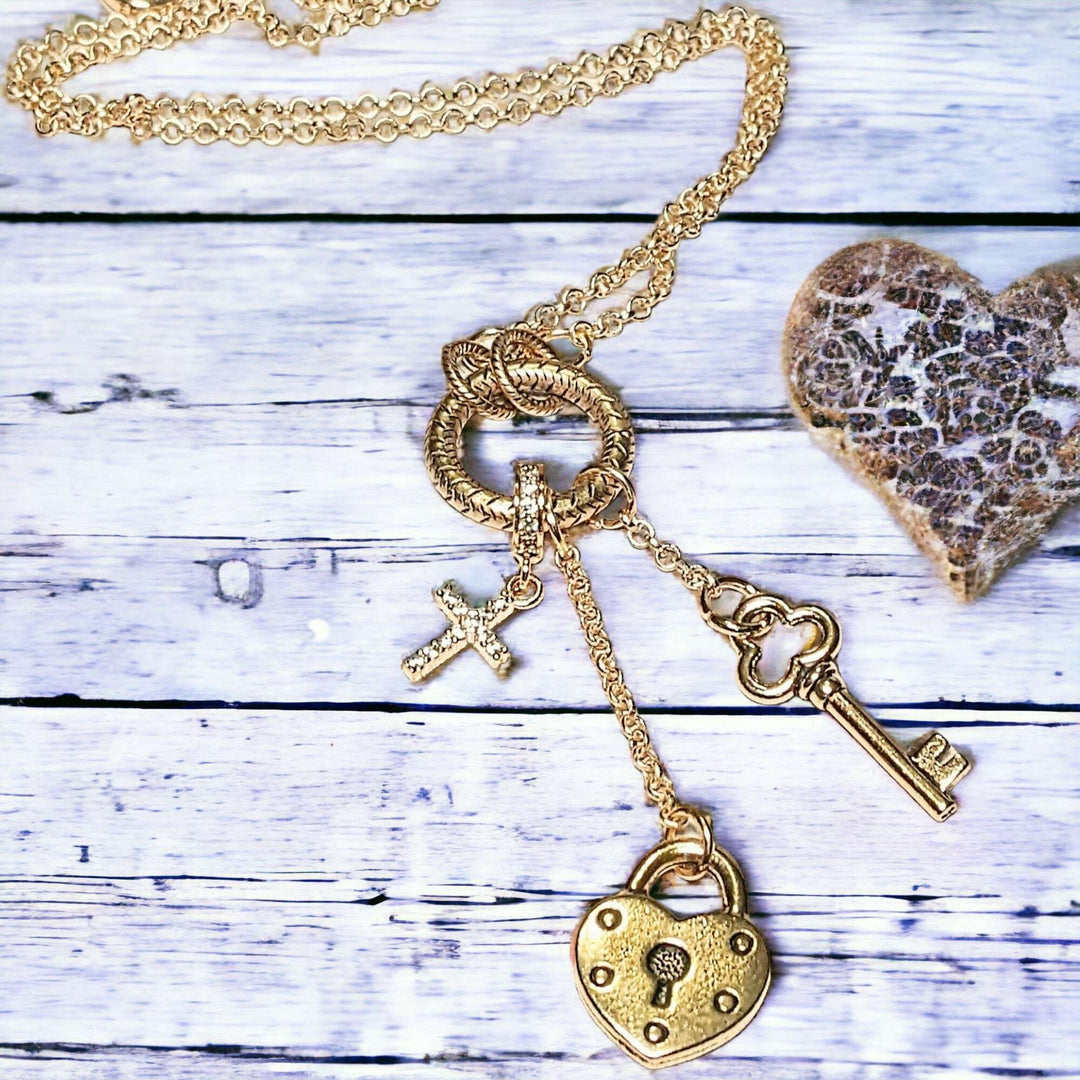 Heart Lock and Key Charm Keeper Necklace, Gold - 18 - 24 inches