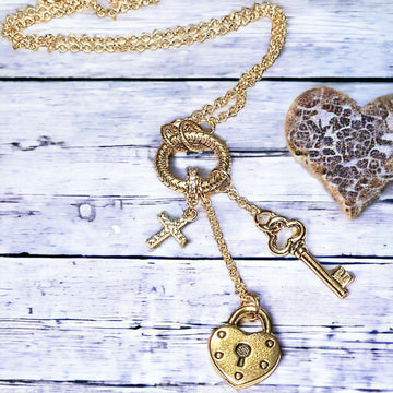 Heart Lock and Key Charm Keeper Necklace, Gold - 18 - 24 inches