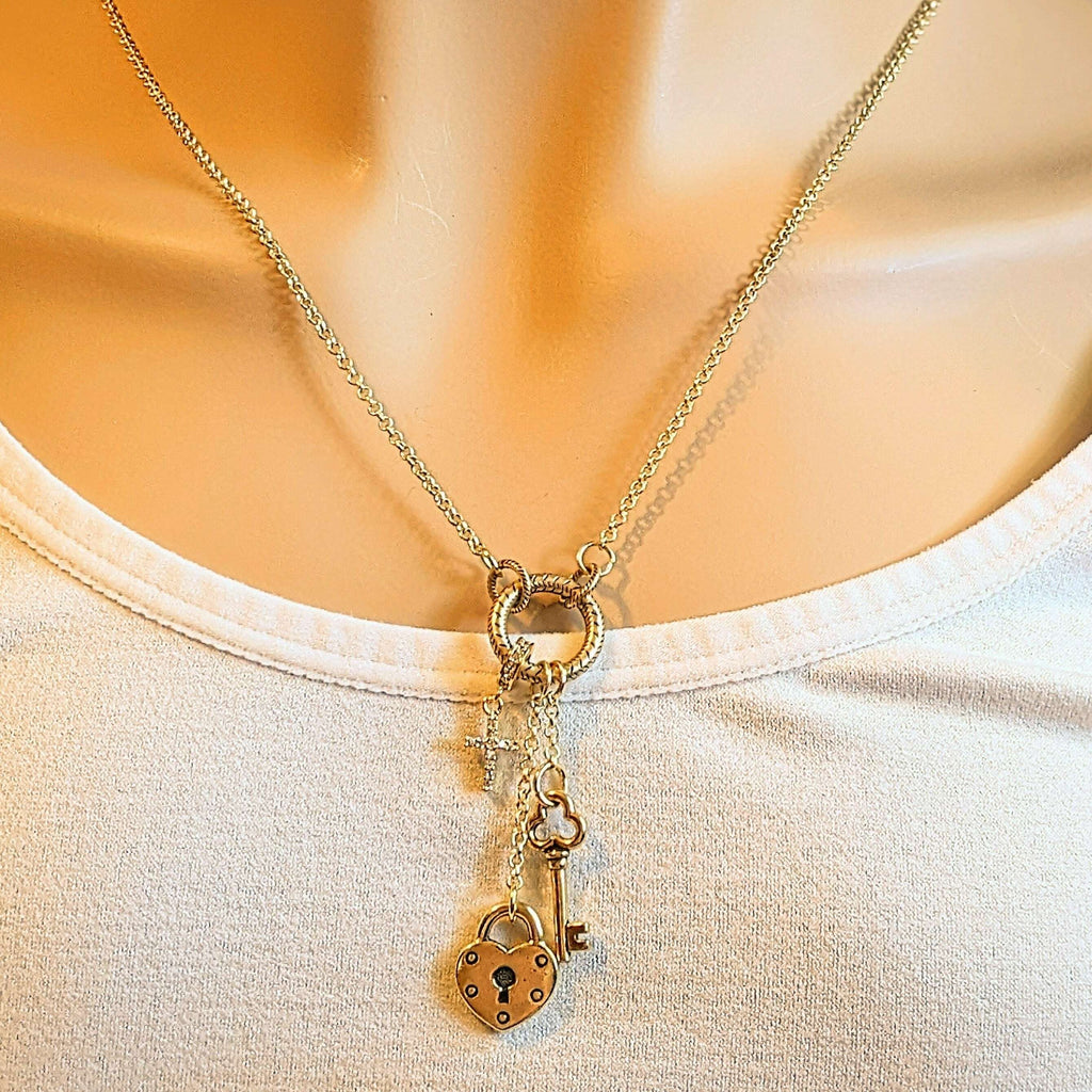 Gold Heart Lock and Key Charm Keeper Necklace, 18 - 24 inches