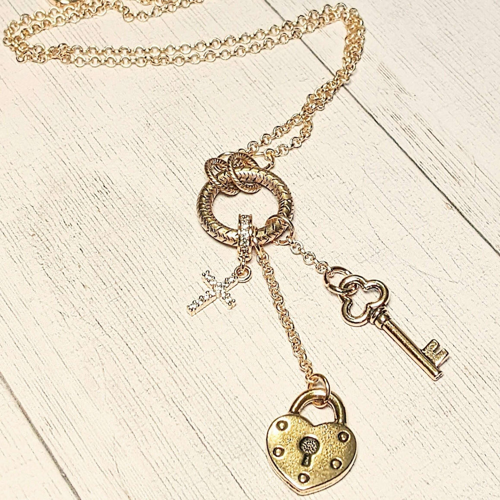 Gold Heart Lock and Key Charm Keeper Necklace, 18 - 24 inches