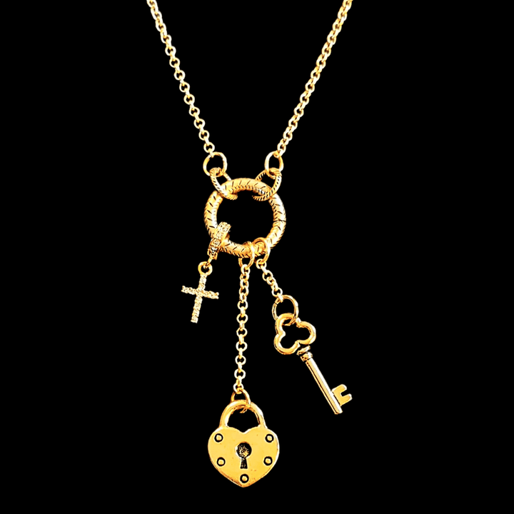 Heart Lock and Key Charm Keeper Necklace, Gold - 18 - 24 inches