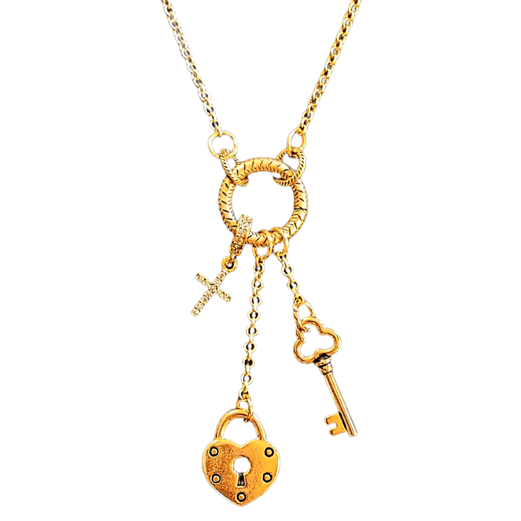 Gold Heart Lock and Key Charm Keeper Necklace, 18 - 24 inches