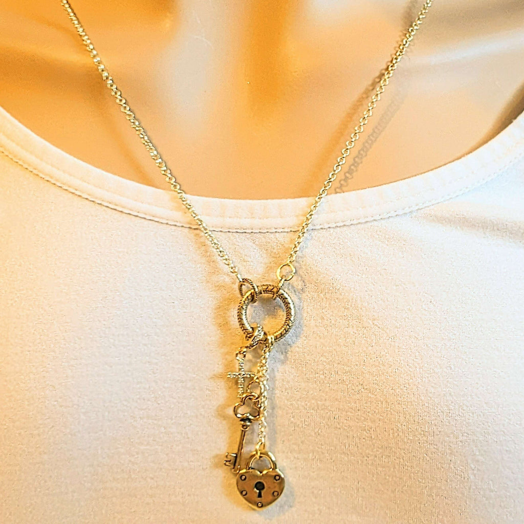 Gold Heart Lock and Key Charm Keeper Necklace, 18 - 24 inches