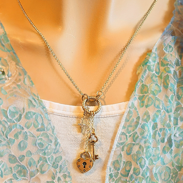 Heart Lock and Key Charm Keeper Necklace, Gold - 18 - 24 inches