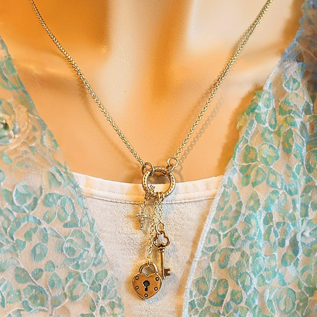 Gold Heart Lock and Key Charm Keeper Necklace, 18 - 24 inches