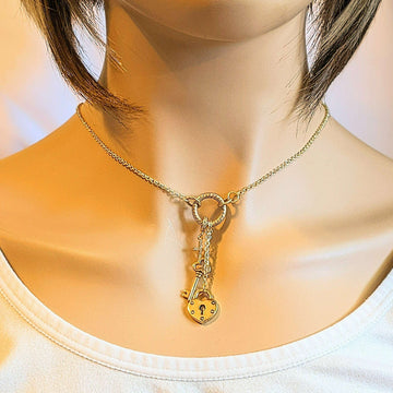 Heart Lock and Key Charm Keeper Necklace, Gold - 18 - 24 inches