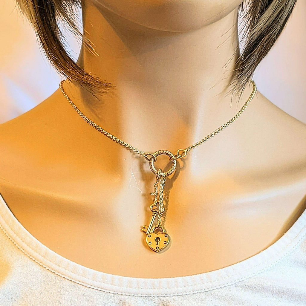 Gold Heart Lock and Key Charm Keeper Necklace, 18 - 24 inches