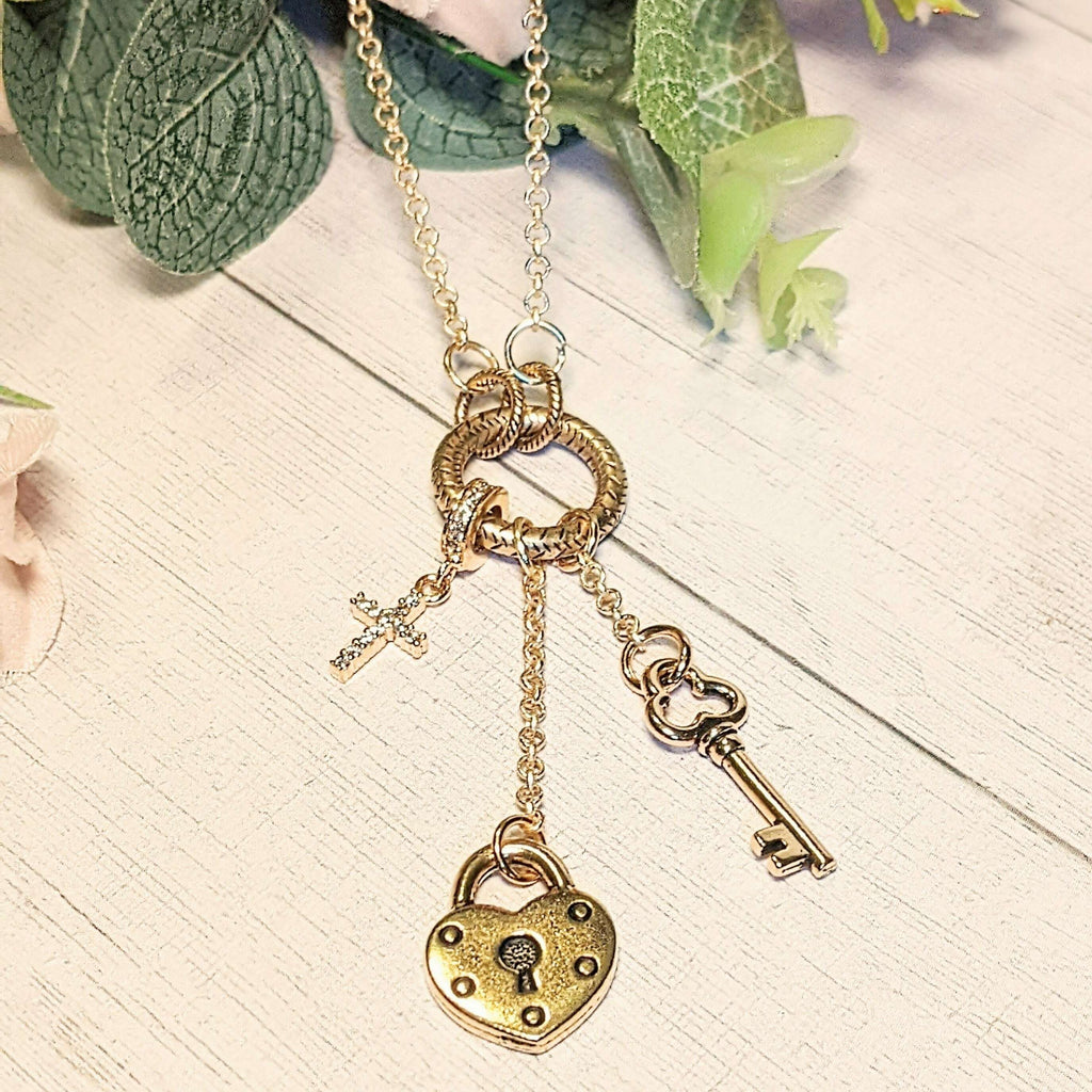 Gold Heart Lock and Key Charm Keeper Necklace, 18 - 24 inches