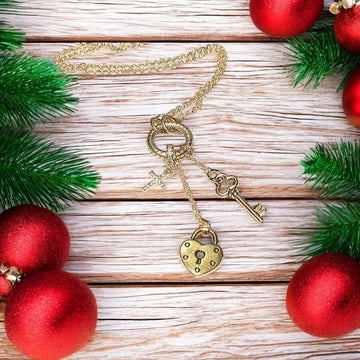 Heart Lock and Key Charm Keeper Necklace, Gold - 18 - 24 inches