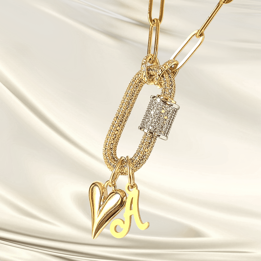 Gold Initial Heart Carabiner Necklace - 20 inch