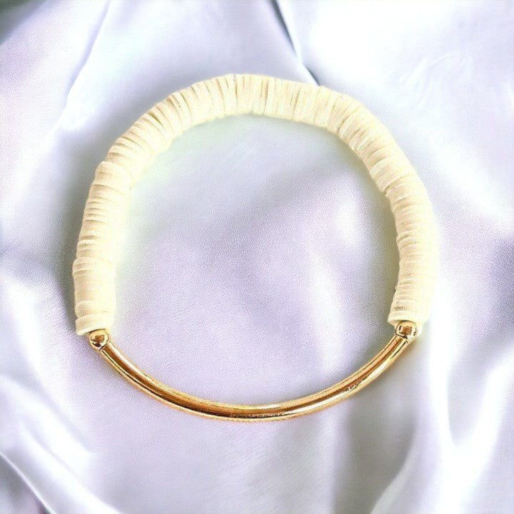 Gold or Silver Cream Heishi Polymer Clay Stretch Bracelet